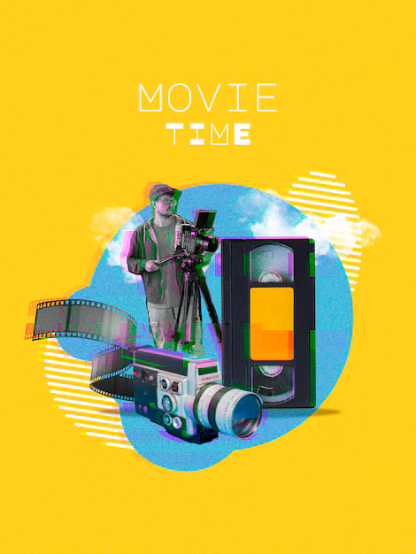 collage about movie time with man holding camera